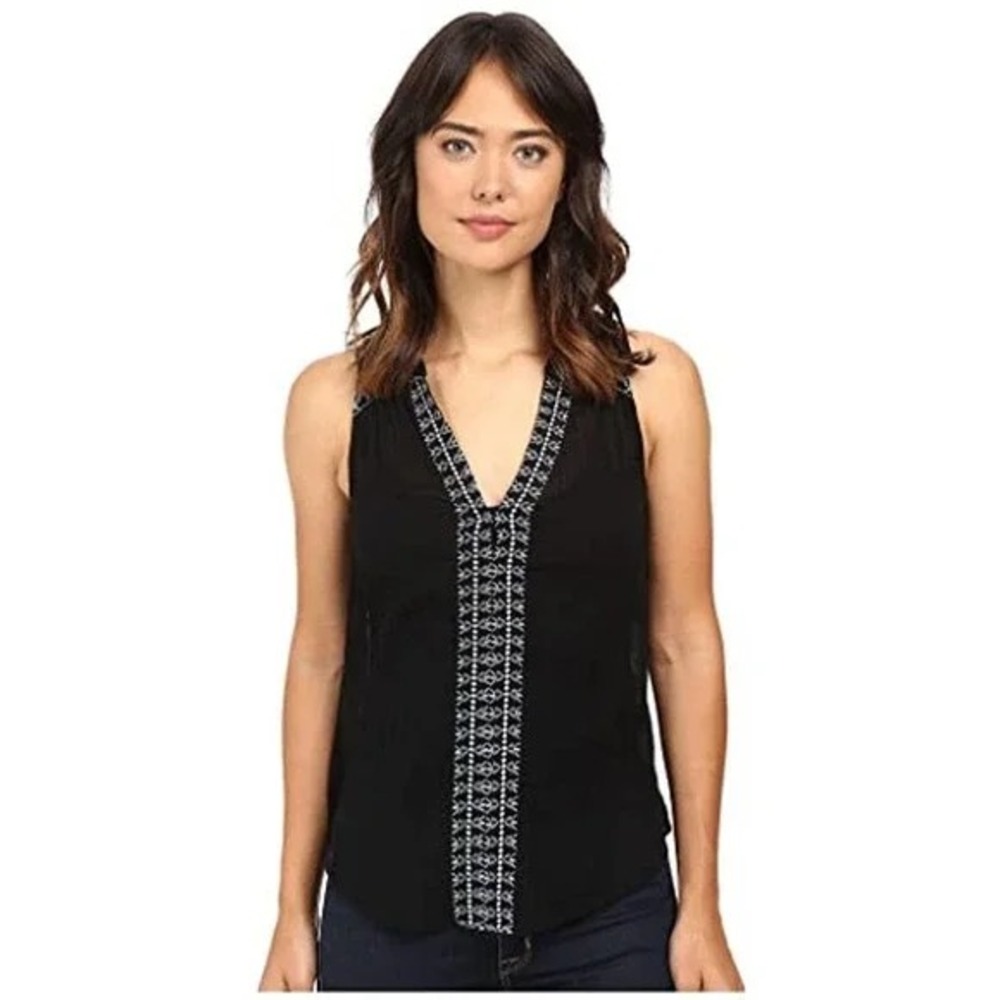 Paige Top Womens XS Black Embroidered V-Neck Sleeveless Gauze Boho Blouse